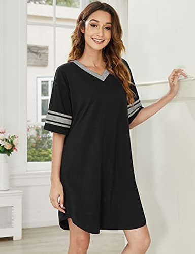 Ekouaer Womens Nightgown Cotton Sleepwear Short Sleeve Sleep Shirt V Neck Color Block Nightshirt XL Black - Image 2