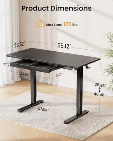 ErGear 55" x 24" Electric Standing Desk with Drawers, Height Adjustable Desk with 4 Preset Heights, Ergonomic Rising Home Office Computer Table with Splice Board, Black - Image 3