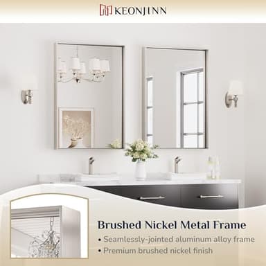 Keonjinn 24 x 36 In Brushed Nickel Bathroom Mirror, Rectangular Metal Framed Wall Vanity Mirror for Over Sink Square Corner Aluminum Alloy Modern Farmhouse Rectangle Silver Mirror(Horizontal/Vertical) - Image 6
