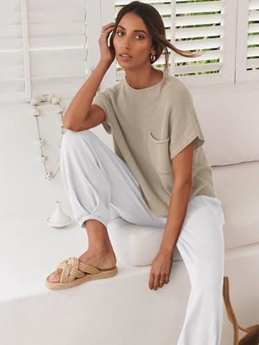 ANRABESS Women's Two Piece Outfits Knit Sweater Vest Crop Top Pants Lounge Matching Tracksuit Sweatsuit Travel Clothes Sets Khaki White Medium - Image 3