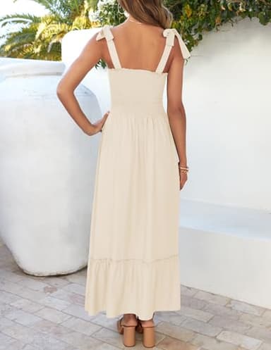 ZESICA Women's 2024 Summer Boho Spaghetti Strap Square Neck Solid Color Ruffle A Line Beach Long Maxi Dress,Apricot,Medium - Image 3