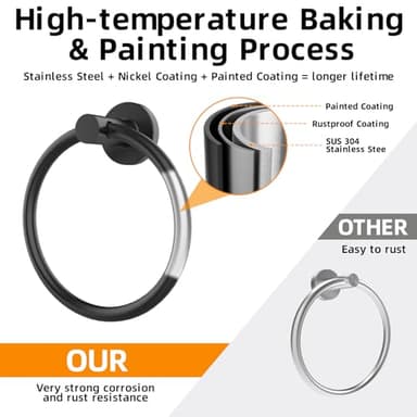Matte Black Towel Ring 2Pack, SUS304 Stainless Steel Hand Towel Holder for Bathroom Kitchen, Modern Style Towel Hanger, Thicken Ring Towel Holder, Towel Rack Round Wall Mounted (2, Black) - Image 4