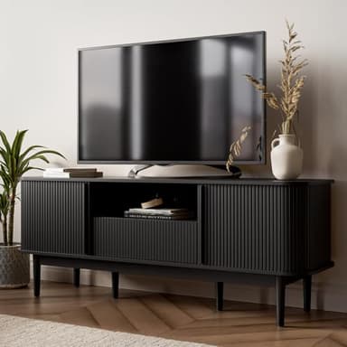 MAISONARIA 63" Black TV Stand, Fluted Entertainment Center for TVs up to 70'', Modern TV Stand with Storage, Entertainment Center with Sliding Doors, Wood Media Console for Bedroom, Living Room - Image 1