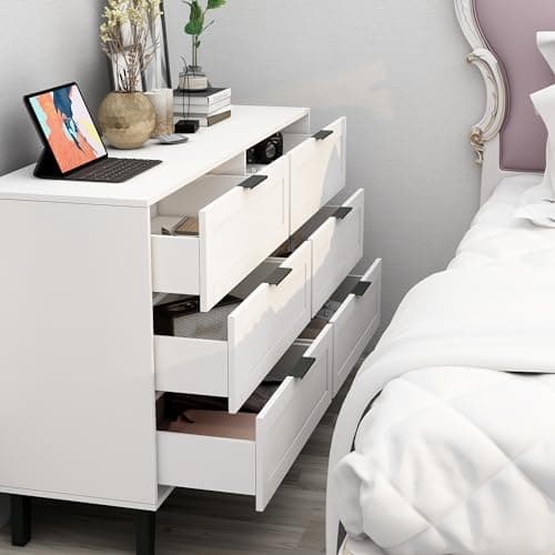 TaoHFE 6 Drawer Dresser for Bedroom Modern White Chest of Drawers for Nursery Wood Dresser for Kids Horizontal Dressers & Chests of Drawers for Bedroom Living Room - Image 1
