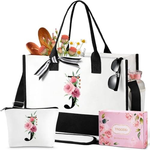 TRSODD Birthday Gifts for Women Mothers Day Gifts for Mom Wife Grandma Daughter Sister Friends Graduation Initial Tote Bag with Adjustable Shoulder Strap and Makeup Bag J - Image 1