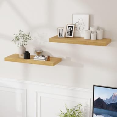 Fun Memories 24 Inch Floating Shelves for Wall, 9.3 Deep Wall Shelves for Home Decor & Storage, 24x9.3x1.5 Large Wooden Shelf with Heavy-Duty Bracket, Deep Shelf for Kitchen, Living Room, Oak Color - Image 2