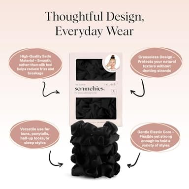 Kitsch Satin Scrunchies for Women – No Crease Hair Ties – Soft Satin Hair Scrunchies for Girls – Frizz Free, Gentle, Stylish Hair Accessories | Ideal Gifts for Women – Black, 5 pcs - Image 4