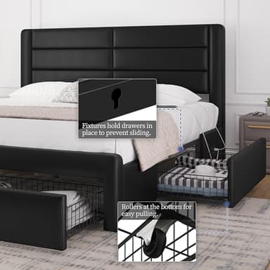 Yaheetech King Size Bed Frame with 2 USB Charging Station/Port for Type A&Type C/4 Storage Drawers, Leather Upholstered Platform Bed with Headboard/Solid Wood Slat Support/No Box Spring Needed/Black - Image 6