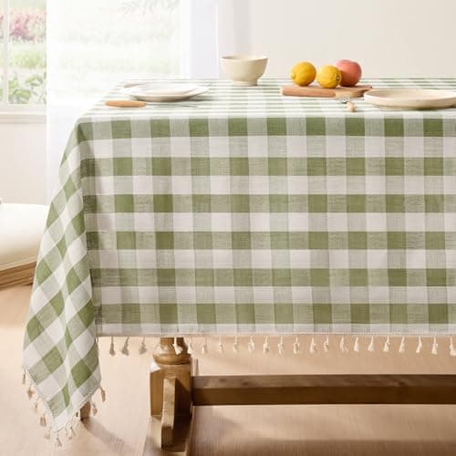 Softalker Checkered Tablecloth Rectangle, Heavy Weight Linen Gingham Christmas Table Cloth with Tassel, Washable Wrinkle Free Buffalo Plaid Table Cover for Dining/Party/Home - 55 x 84 Inch, Sage - Image 1