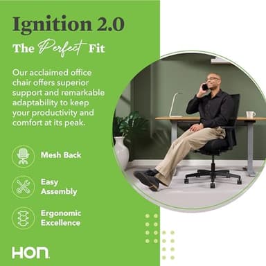 HON Ignition 2.0 Ergonomic Office Chair, Adjustable Tilt, Swivel Wheels, Comfy for Long Hours, Home Office Desk Chairs, Fog - Image 3