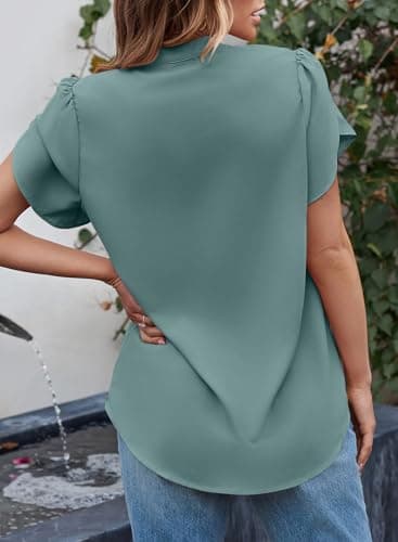 EVALESS Womens Summer Dressy Casual Work Chiffon Blouses 2025 Summer Spring Trendy Notch V Neck Petal Short Sleeve Tops Loose Cute Shirts Clothing,Light Green XX-Large - Image 5