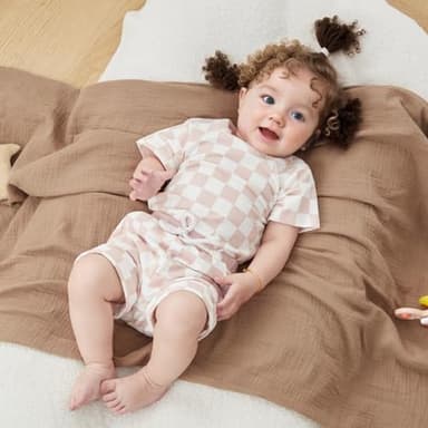 FOCUSNORM Toddler Baby Girl Outfit Newborn Girl Summer Clothes Short Sleeve T Shirt Checkerboard Top Set Elastic Waist Shorts (Checkerboard Pink, 18-24 Months) - Image 3