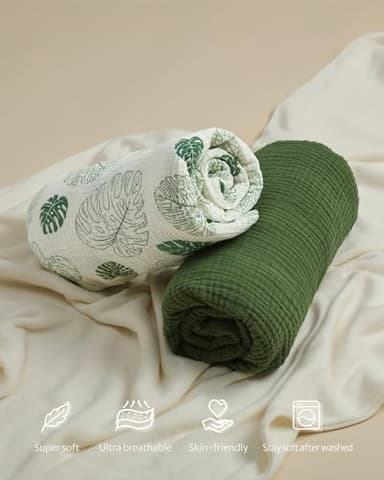 Blissful Diary Muslin Mini Crib Sheets, Pack and Play Mattress Sheets Fitted for Pack N Play, Soft Cotton for Boys Girls, 2 Pack(Monstera&Dark Green) - Image 8