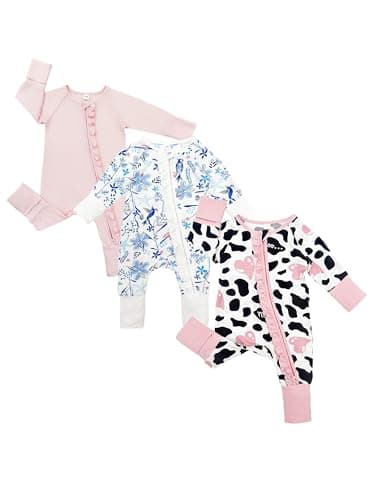 Bow Dream Baby Girl Clothing Footies Bamboo Rayon Baby Girl Clothes Baby Romper Jumpsuit Newborn-24 Months Pink Blue Flower Cow 3-6 Months - Image 1