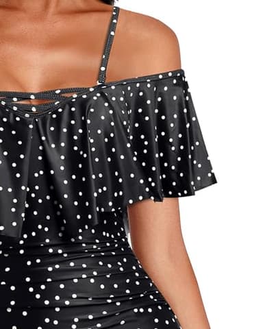 Holipick Black Dot Women Strapless One Piece Swimsuits Tummy Control Bathing Suit Ruffle Off Shoulder Swimwear with Sleeves Teen Girls Large - Image 2