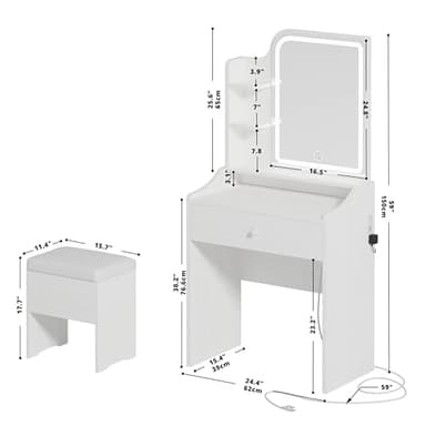 LIKIMIO Small Makeup Vanity Desk with Mirror and Lights, Vanity Table Set with Storage Drawer, Chair and Three Shelves, Bedroom, White - Image 2