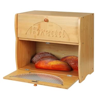 HOMEKOKO Double Layer Large Bread Box for Kitchen Counter, Vintage Design Wooden Large Capacity Bread Storage Bin (Natural Bamboo) - Image 2