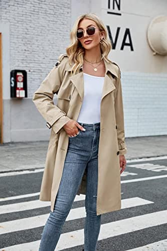 Makkrom Women's Double Breasted Long Trench Coat Windproof Classic Lapel Slim Overcoat with Belt - Image 4