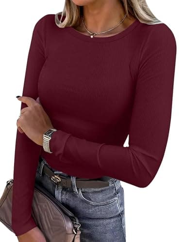 ANRABESS Women Long Sleeve Shirts Rib Knit Slim Fit Tops Basic Tee 2025 Fall Outfits Casual T-Shirt Underscrubs Layer Clothes Deep Red Large - Image 1