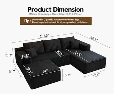 107.5" Cloud Modular Sectional Sofa with 1 Ottoman,Modern Minimalist Upholstered Couches, Comfort U Shaped Sofa for Living Room,Deep Seat Corner Couch，No Assembly Required (Black,Right Facing Chaise) - Image 2