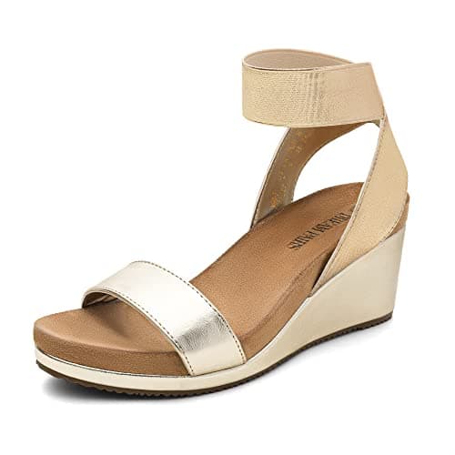 DREAM PAIRS Womens Elastic Ankle Strap Open Toe Platform Wedge Sandals Comfortable Summer Shoes,Size 8,Gold/Pu,NINI - Image 1