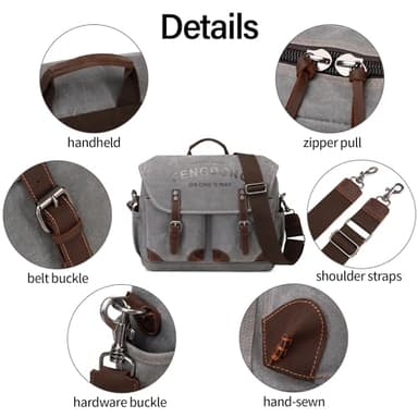 FENGDONG Mens Messenger Bag 15.6 Inch Vintage Waxed Canvas Genuine Leather Briefcase Leather Computer Laptop Bag Rugged Satchel Shoulder Bag Gray - Image 5