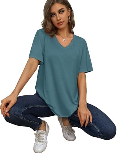 Womens Tshirts Short Sleeve V Neck Oversized Shirts Summer Casual Tops Blue M - Image 4