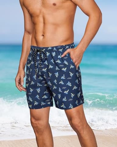 Gleeease Mens Lined Swim Trunks: 7 inch Quick Dry Stretchy Soft with Mesh Liner Sea Beach Pool Water Sport Coconut Tree Navy - Image 2