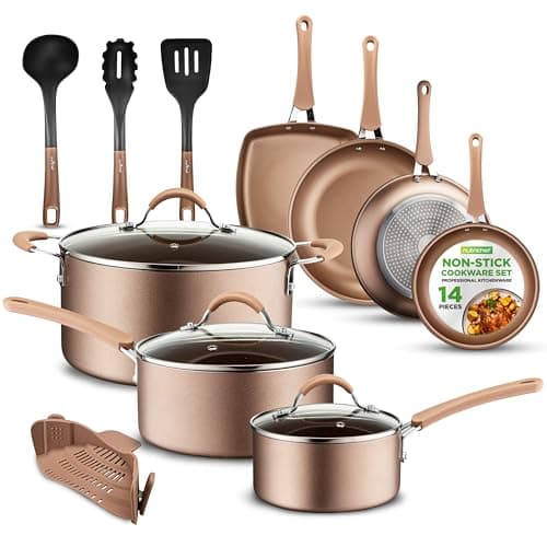 NutriChef 14-Piece Nonstick Cookware PFOA/PFOS-Free Heat Resistant Lacquer Kitchen Ware Set w/Saucepan, Frying Pans, Cooking, Dutch Oven Pot, Lids, Utensils, NCCW14S, Shiny Golden - Image 1