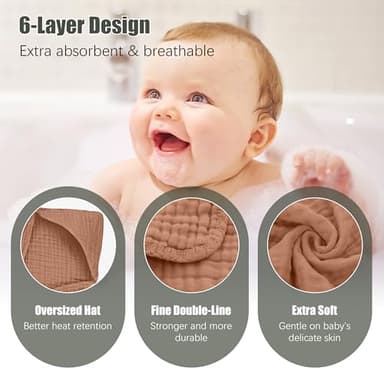 Spotted Play 2 Pack Hooded Baby Towels - 100% Muslin Cotton for Newborns, Infants, Toddlers - Large 32x32 Inch Size - Highly Absorbent and Essential for Newborn Care, Light Bean Paste - Image 5