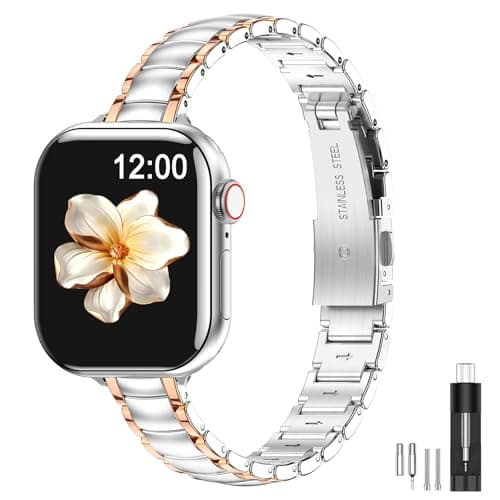MioHHR Metal Bands Compatible with Apple Watch Band 49mm 46mm 45mm 44mm 42mm(Series 3/2/1),Narrow Stainless Steel Strap for Women iWatch Ultra3/2/1 Series 11 10 9 8 7 6 5 4 SE3/2/1,Silver/Rose Gold - Image 1