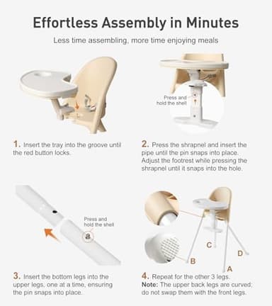 Funny Supply 3-in-1 Foldable High Chair, Portable & Convertible Baby High Chair, Modern Baby Feeding Chair with Removable Double Tray, Lightweight, Space-Saving Design, Easy to Clean, Cream - Image 6