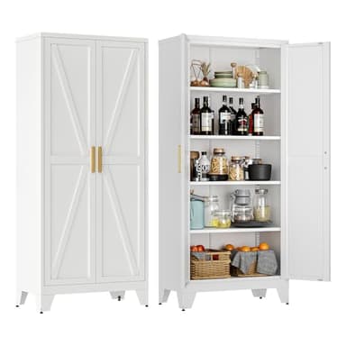 71" Tall Metal Storage Cabinet with 2 Doors and 4 Adjustable Shelves, 5-Tier Kitchen Pantry Storage Cabinet for Kitchen, Living Room, Dining Room and Office, White - Image 1