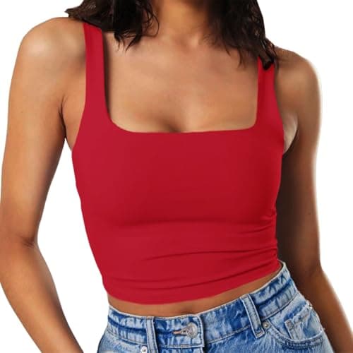 Artfish Women's Sleeveless Strappy Crop Tank Tops Square Neck Workout Gym Camis Going Out Red L - Image 1