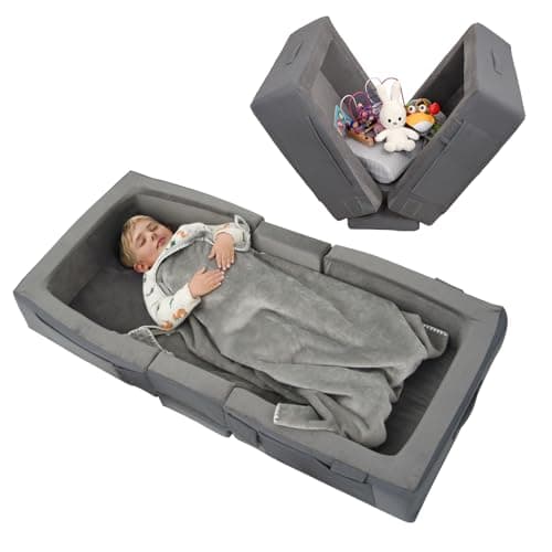 ENITYA Toddler Travel Bed – Portable Foldable Soft Foam Floor Bed for Kids 18M–4yr, No Assembly, Washable Cover, Built-in Safety Rails, Compact for Travel & Home Use, Grey - Image 1