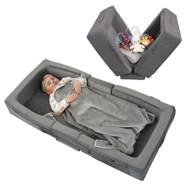 ENITYA Toddler Travel Bed – Portable Foldable Soft Foam Floor Bed for Kids 18M–4yr, No Assembly, Washable Cover, Built-in Safety Rails, Compact for Travel & Home Use, Grey - Image 1