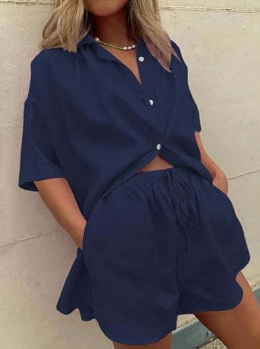 Fixmatti Linen Sets For Women 2 Piece Casual Short Sleeve Sweatsuit Outfit Shirt And High Waisted Shorts Set Navy XL - Image 4