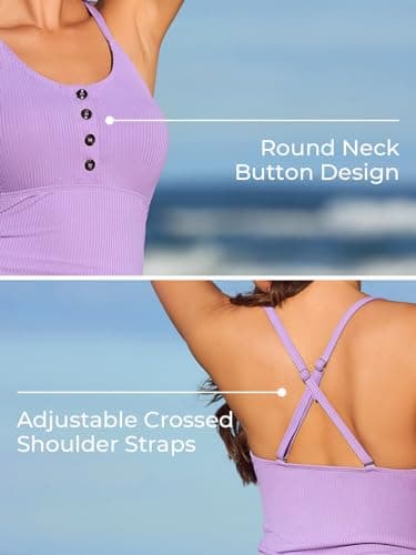 Ribbed One Piece Swimsuits for Women Button up Swimwear Tummy Control Retro Bathing Suits Violet Small - Image 5