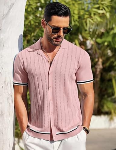 COOFANDY Contrast Knitted Shirt for Men Vintage Polo Shirt Short Sleeve Light Pink - Image 4