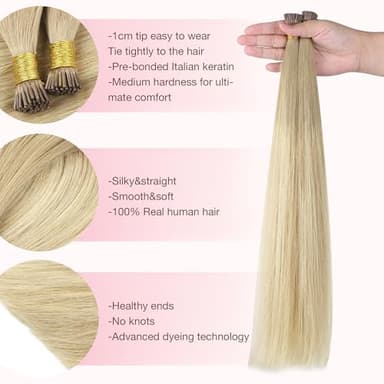 GOO GOO I Tip Hair Extensions Real Human Hair, 22inch 50g 50S, Cold Fusion I Tip Hair Extensions, Invisible Remy Hair Extensions, 18ET90A Natural Blonde Balayage - Image 2