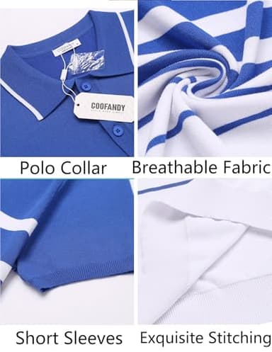 COOFANDY Men's Short Sleeve Polo Shirts Striped Knit Polo Shirt Lightweight Fashion Casual Collared T Shirts, Blue and White, Medium - Image 5