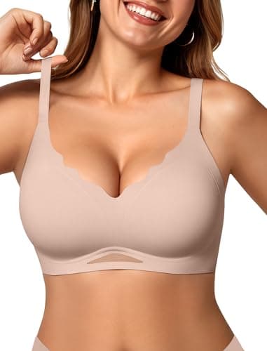 OEAK Womens Wireless Bras Scalloped Push Up Bralettes No Underwire Supportive Tshirt Bra Seamless Comfortable Everyday Bras L Nude - Image 1