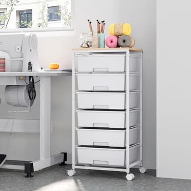 Rolling Storage Cart with Drawers,Utility Cart with 6 Large Drawers and Wooden Tabletop,Craft Storage Cart with Lockable Wheels for Bedroom, Office, Classroom, Kids'Room, Living Room (White) - Image 2