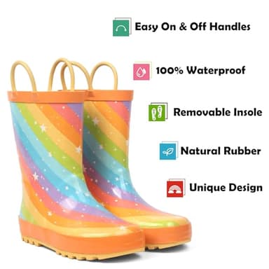 landchief Toddler Rain Boots, Kids Rain Boots Waterproof Rubber Boots for Girls and Boys with Fun Patterns and Easy-On Handles, Size 3, Rainbow Stripes - Image 2