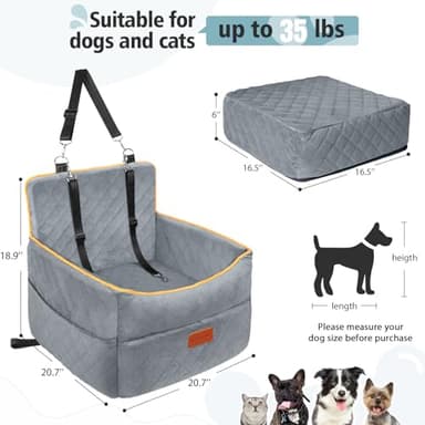 HEGGCOOE Dog Car Seat for Small Medium Dogs, Memory Foam Puppy Dog Booster Seat with Thick Cushion for Dogs Under 35lbs, Detachable Washable Pet Car Seat Travel Bed with Storage Pockets,2 Safety Belts - Image 3