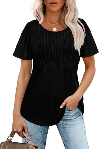 T Shirts for Women Loose Fit Pleating Short Sleeve Casual Summer Tops Black Beach Vacation Clothes for Women XL - Image 2