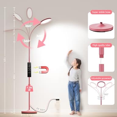 luckystyle Pink Floor Lamp,Super Bright Dimmable LED Lamps for Living Room, Custom Color Temperature Standing Lamp with Remote Push Button, Adjustable Gooseneck Reading Floor Lamp for Bedroom Office - Image 5
