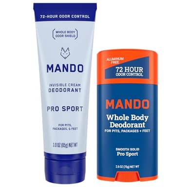 Mando Whole Body Deodorant - Invisible Cream and Solid Formulas - 72 Hour Odor Control - Aluminum & Baking Soda Free - Skin Safe - 3 oz Cream & 2.6 oz Solid Bundle - Pro Sport - Image 1