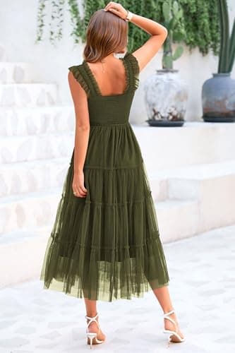 PRETTYGARDEN Women's Summer Midi Tulle Dress Sleeveless Smocked Square Neck Ruffle Flowy Party Wedding Guest Sundress (Army Green,Medium) - Image 2
