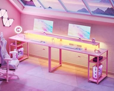 MOTPK 48 Inch Gaming Desk with Storage & Led Lights, Computer Desk with Power Outlet & Shelf, Reversible Gamer Desk with Adjustable Monitor Stand, Carbon Fiber Texture Pink - Image 8